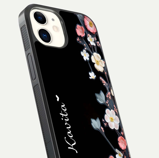 Black Elegance Floral Custom Name Glass Case for iphone-12 close-up shot showing rose detailing and elegant reflection
