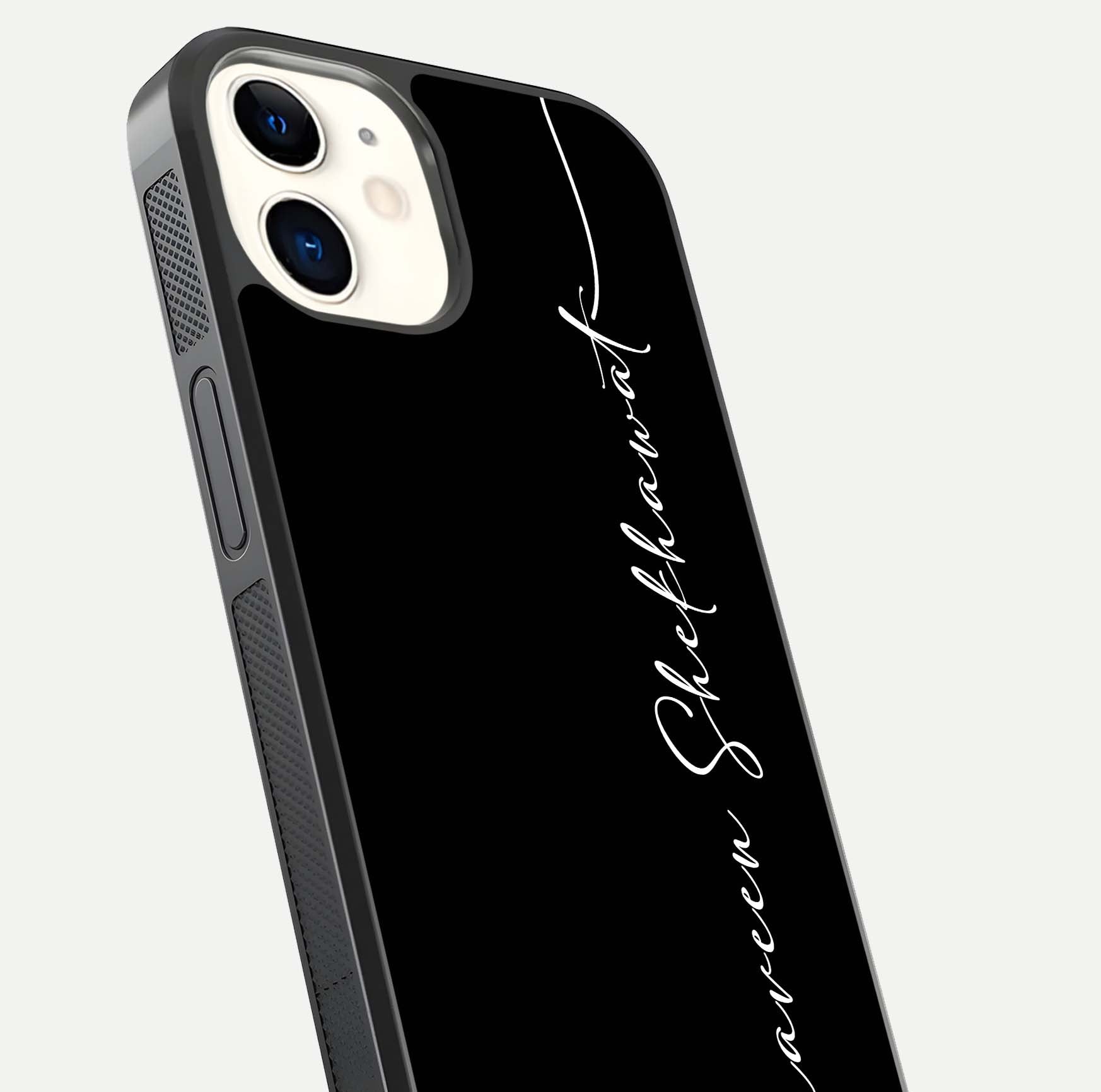 Black Tune Custom Name Glass Case for iPhone 12 Mini close-up shot highlighting sleek monochrome design and reflection