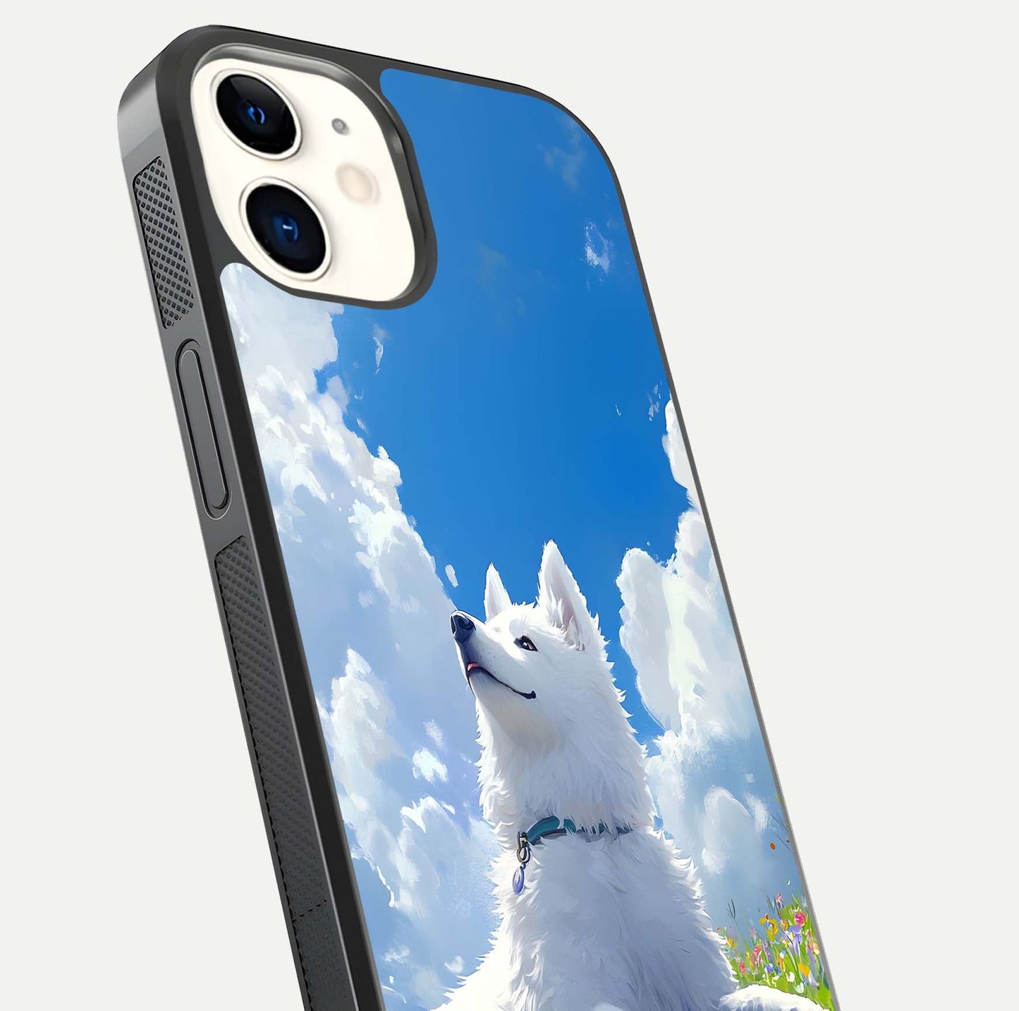 Blissful Cloud Pup Glass Case for iPhone 16 Pro close-up image highlighting puppy details and glossy reflection