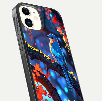 Blooming Spendor Bird Glass Case for iphone-12 close-up shot highlighting bird design details and glossy shine