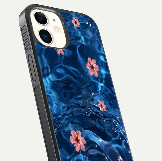 Blooming Water Drift Glass Case for iphone-12 close-up angle showing petal details, soft aqua tones, and smooth gloss reflection