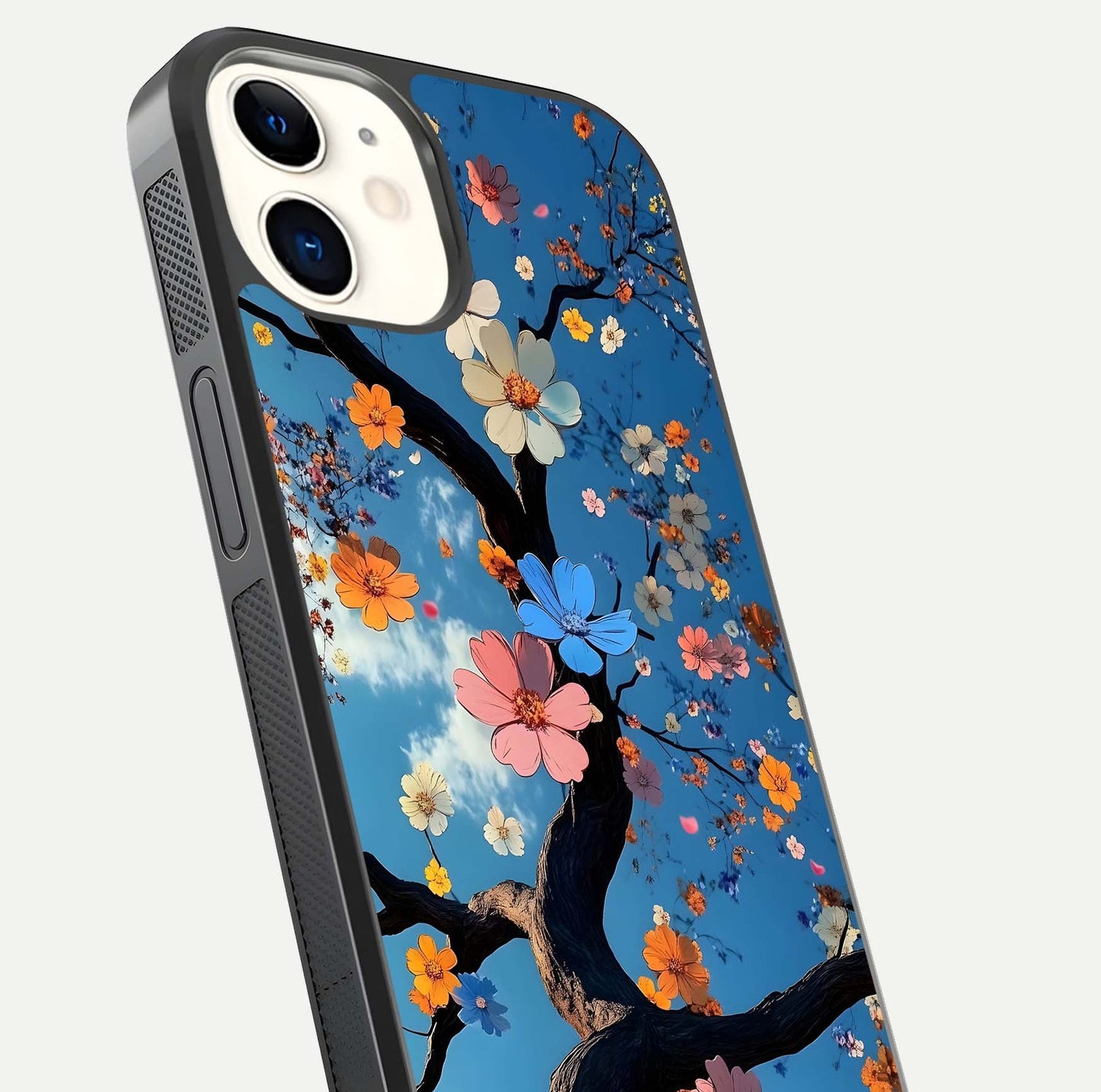 Blossom Dream Sky Glass Case for iphone-12 close-up shot highlighting dreamlike clouds and pink blossoms