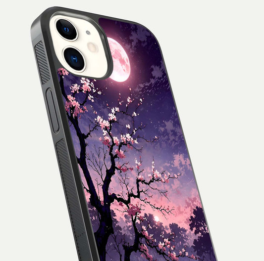 Blossom Pink Moon Glass Case for iphone-12 close-up shot showing pink tones, moon highlight, and reflection gloss