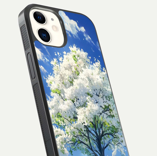 Blossom Sky Serenity Glass Case for iphone-12 close-up highlighting calming flower details and reflection gloss