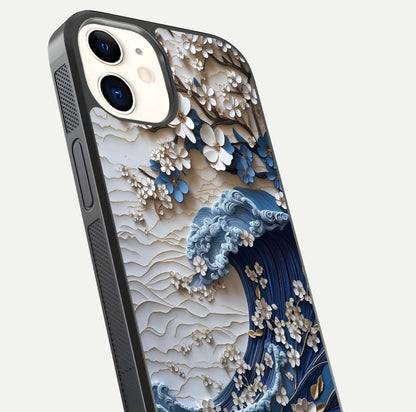 Blossom Wave Art Glass Case for iphone-12 close-up shot highlighting wave motion in floral art and reflection