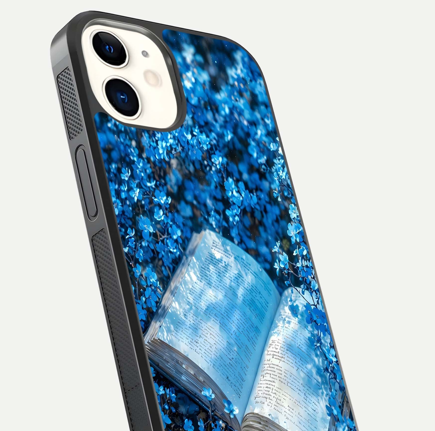 Blue Bloom Tales Glass Case for iphone-12 close-up angle showing petal texture and blue tone reflection