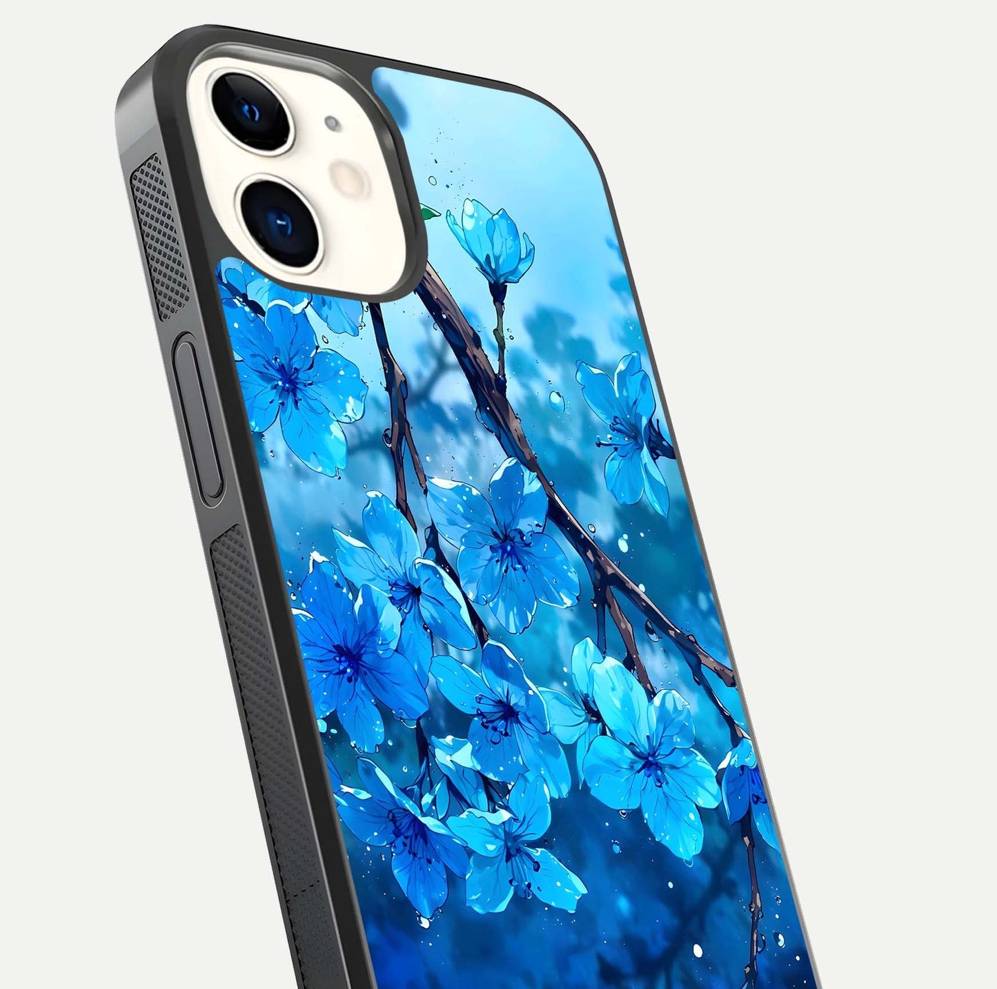Blue Blossoms Branch Glass Case for iphone-12 close-up angle highlighting petal details and reflection gloss