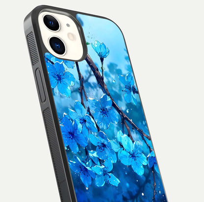 Blue Blossoms Branch Glass Case for iphone-12 close-up angle highlighting petal details and reflection gloss