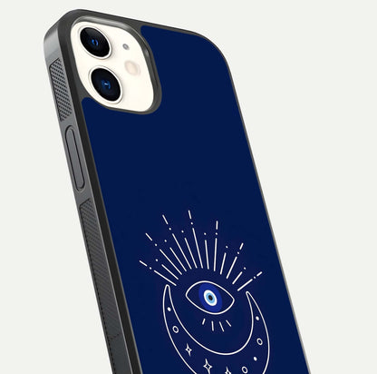 Blue Evil Eye Glass Case for iphone-12 close-up shot highlighting eye motif, protection symbol, and glass shine