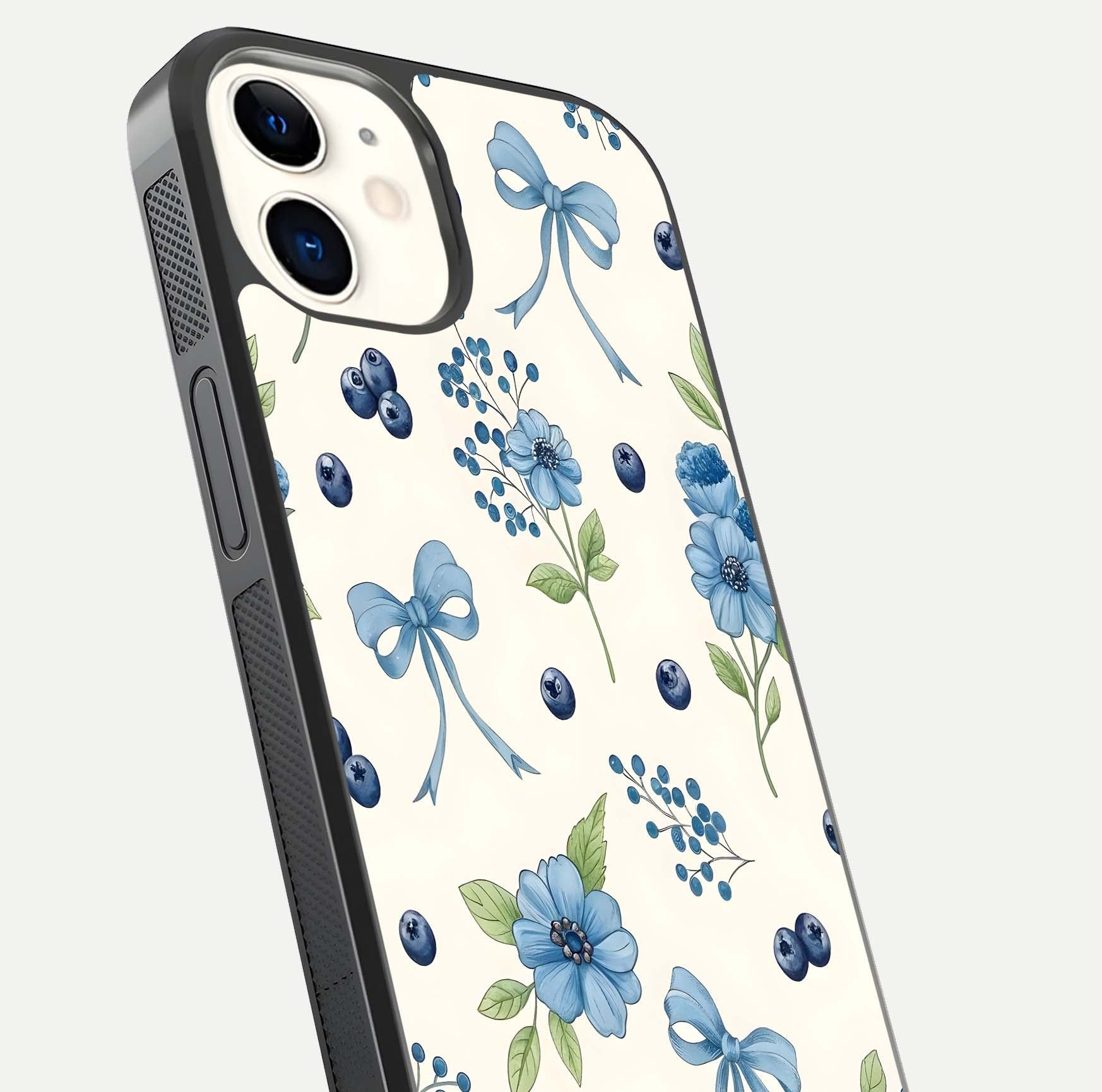 Blue Flower & Bow Glass Case for iphone-12 close-up shot highlighting ribbon detail and flower gloss finish