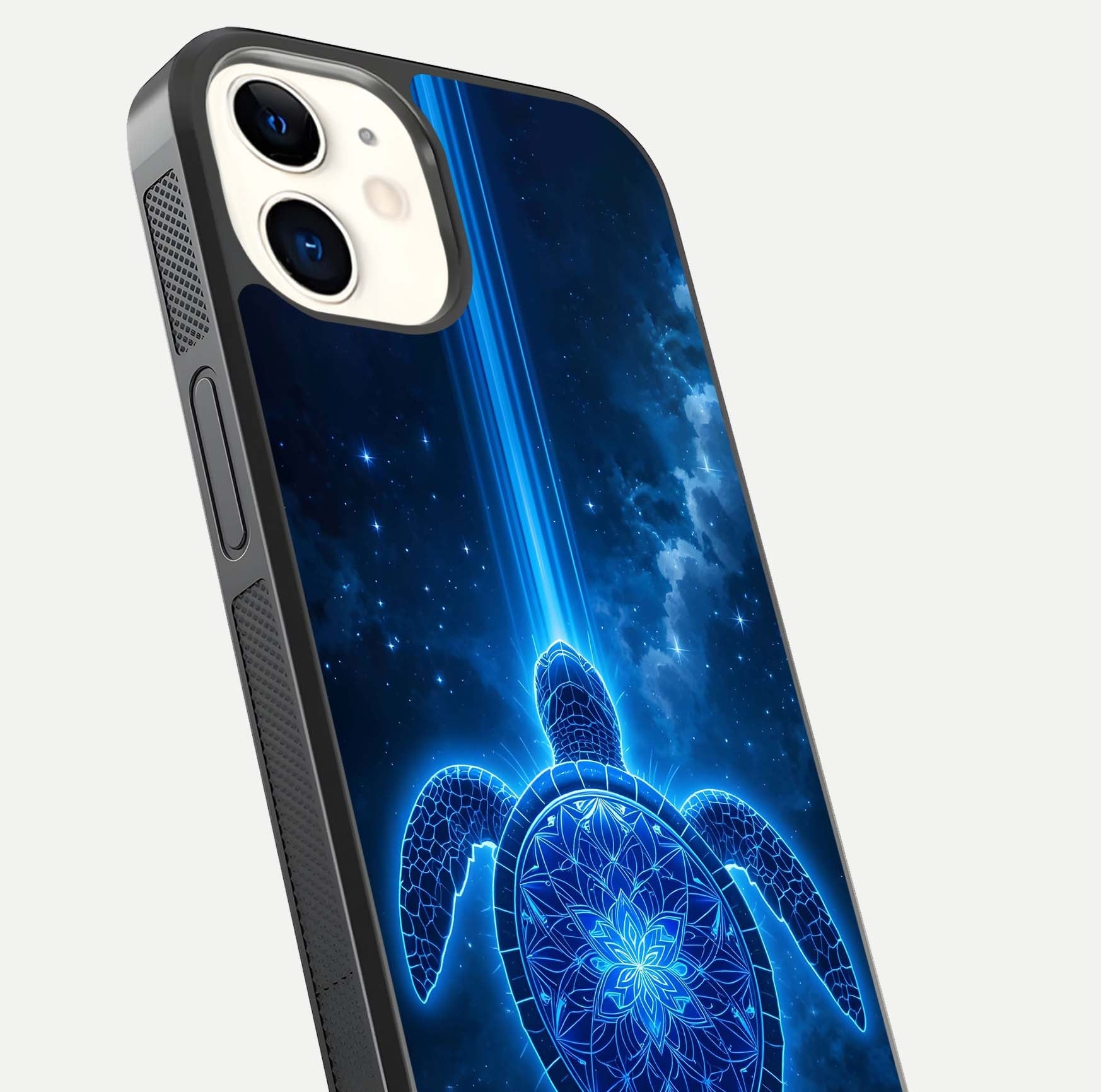 Blue Galaxy Turtle Glass Case for iphone-12 close-up image showing turtle shell detail and glowing galaxy tones
