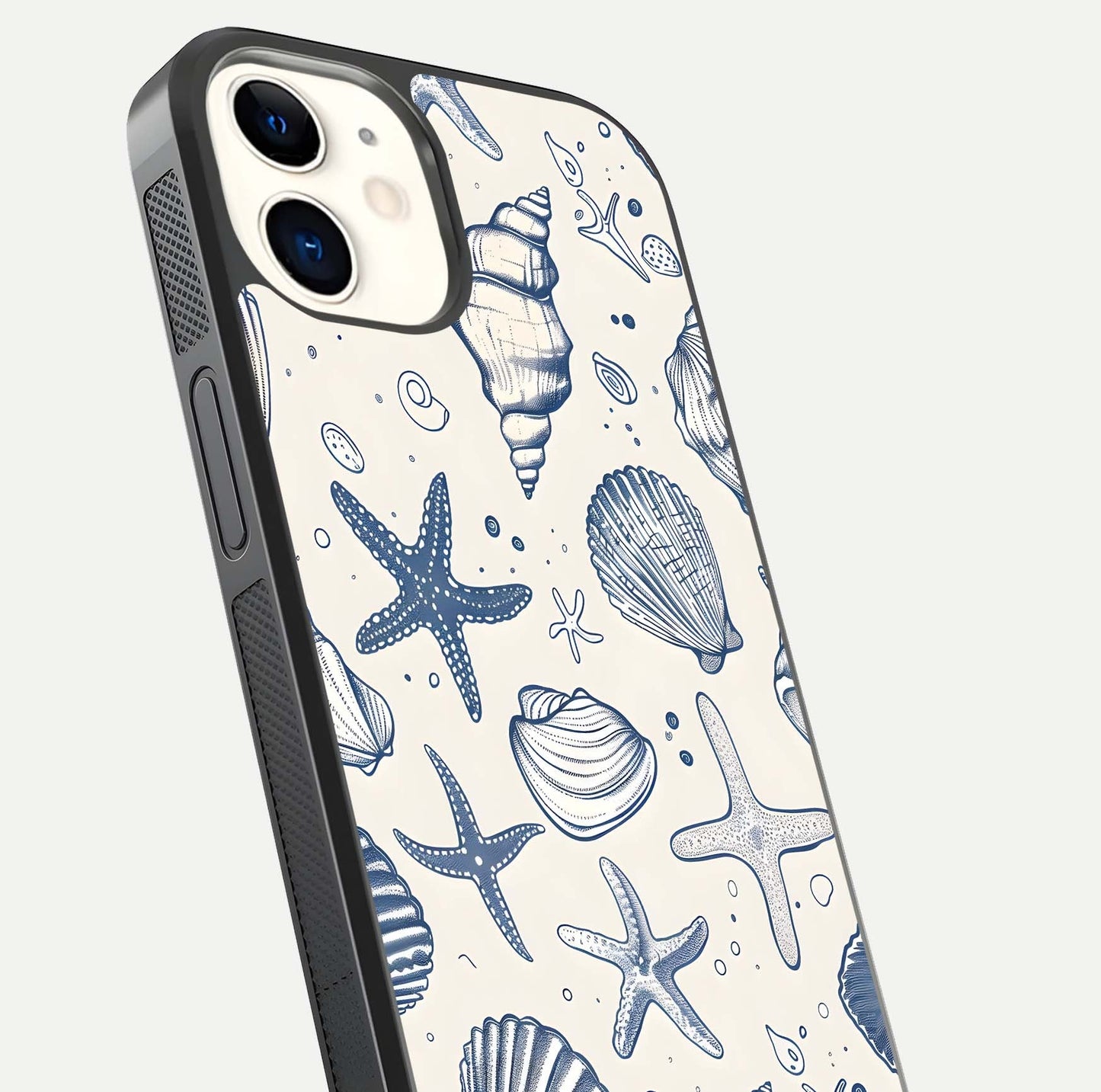 Blue Ocean Outline Glass Case for iphone-12 close-up shot highlighting line art details and reflection texture