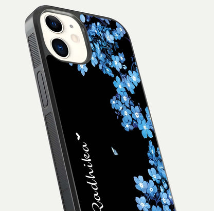 Blue Petal Dream Custom Name Glass Case for iphone-12 close-up highlighting petal texture and gloss reflection