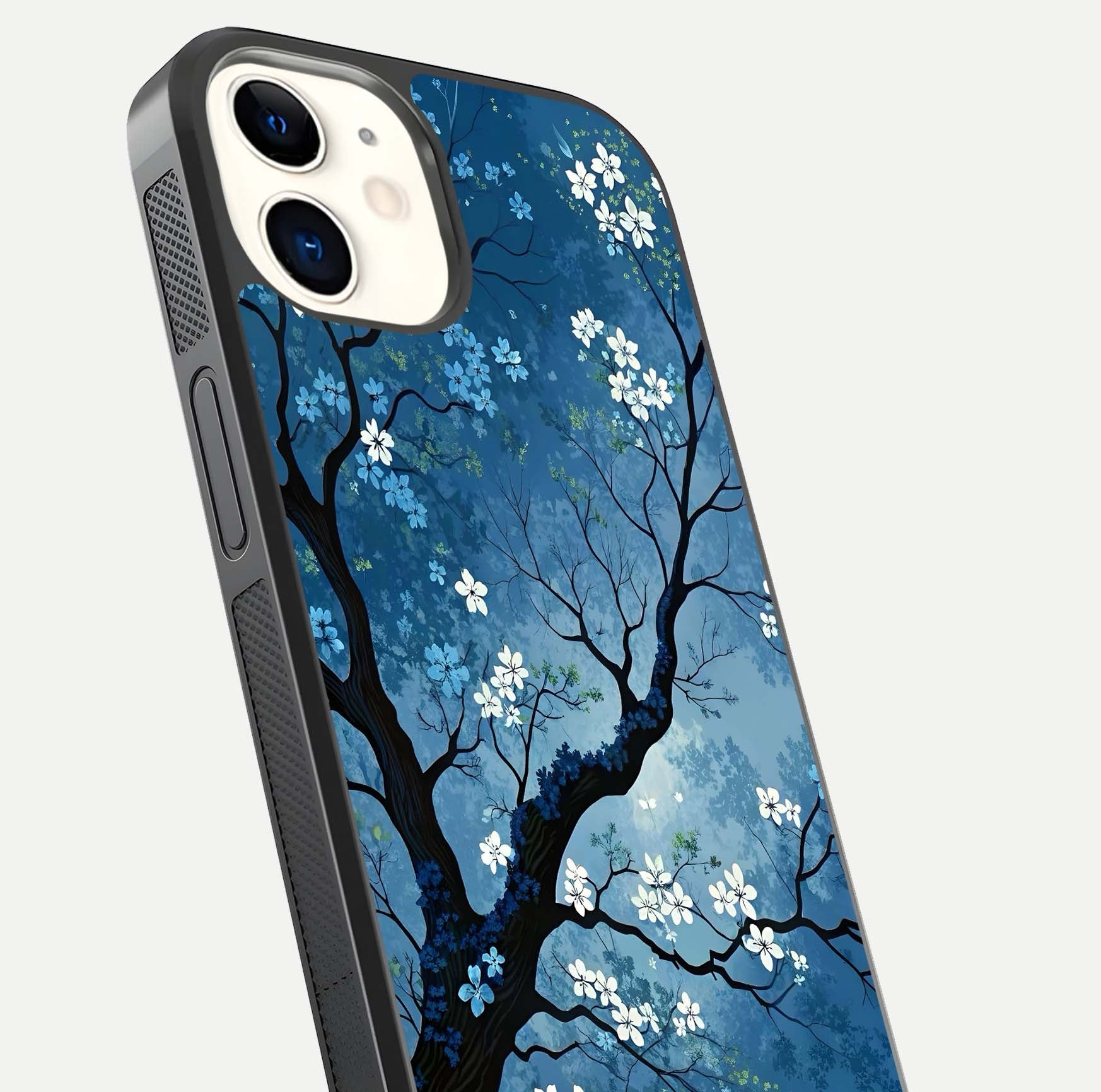 Blue Tree Serenity Glass Case for iphone-12 close-up view highlighting tree branches and reflection gloss