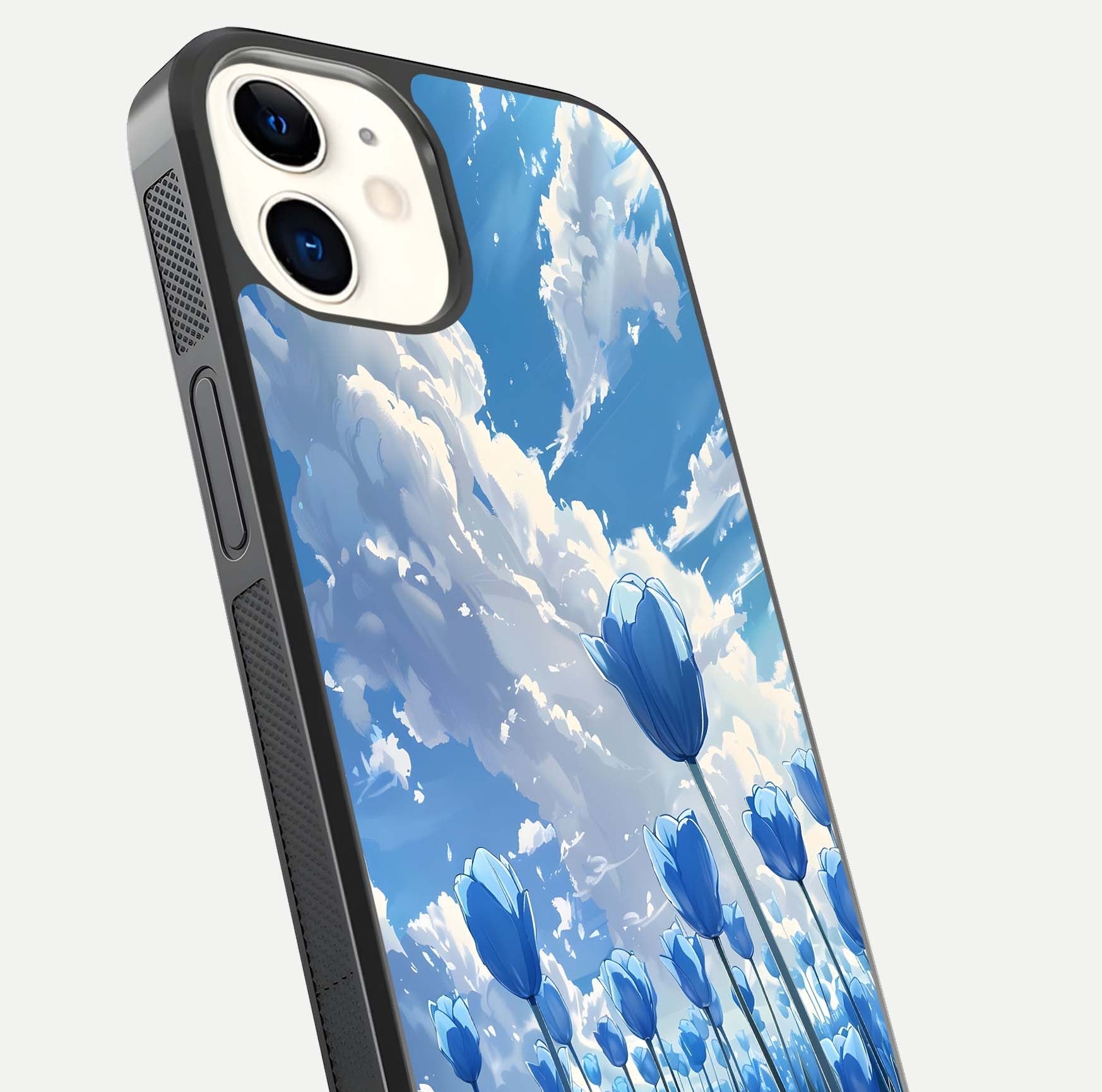Blue Tulip Clouds Glass Case for iphone-12 close-up image highlighting tulip petals, clouds, and reflection texture