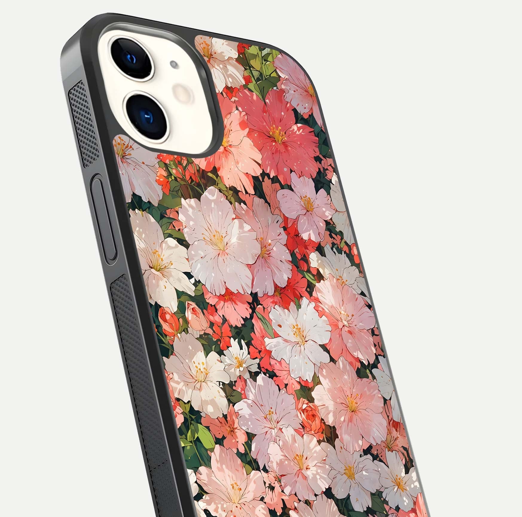 Blush Bloom Field Glass Case for iphone-12 close-up shot capturing pastel flower field tones and gloss shine