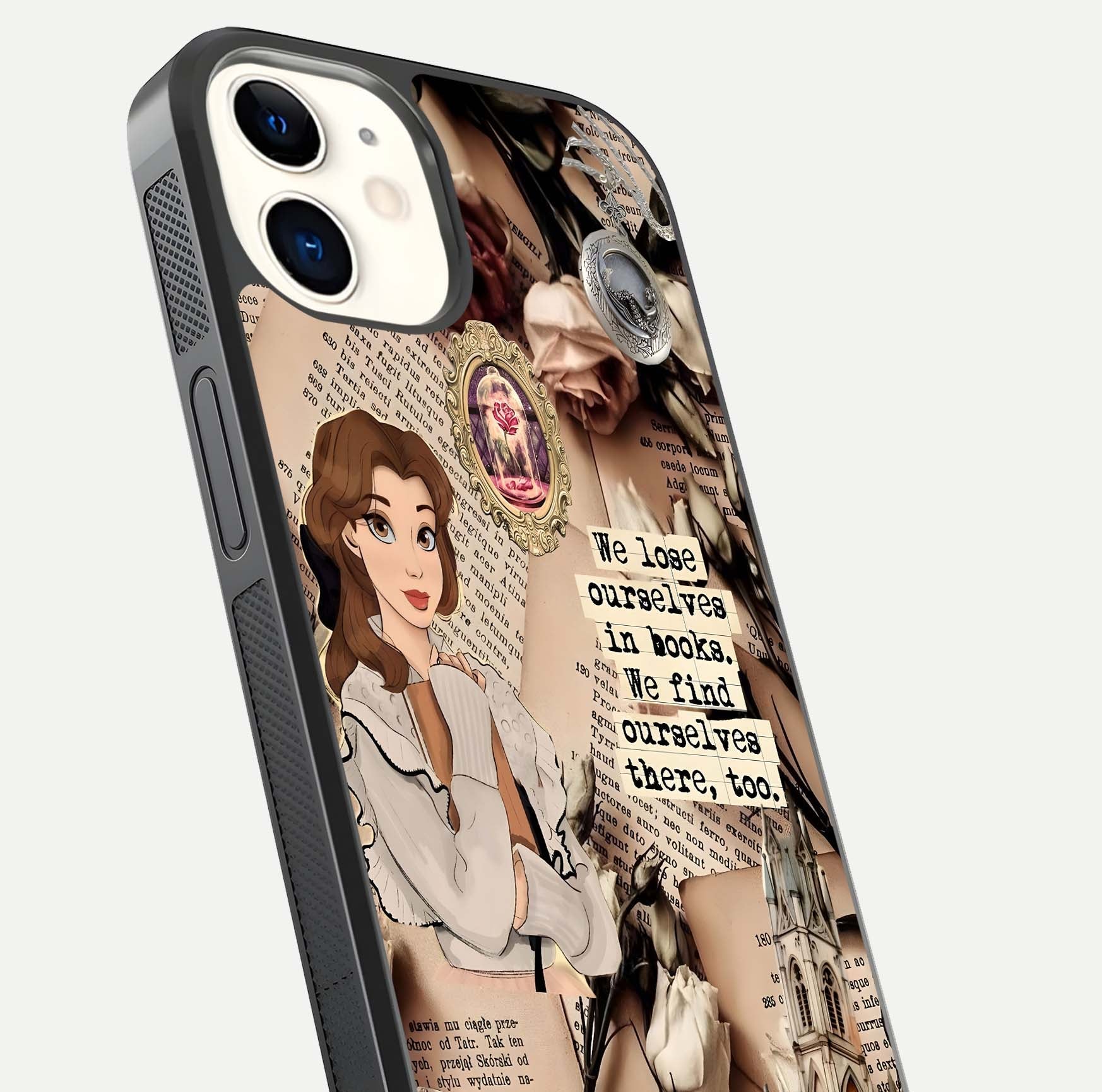 Bookish Dream World Glass Case for iphone-12 close-up shot highlighting book elements and reflection gloss
