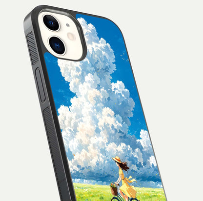Breezy Meadow Ride Glass Case for iphone-12 close-up shot showing flowers and breezy motion texture