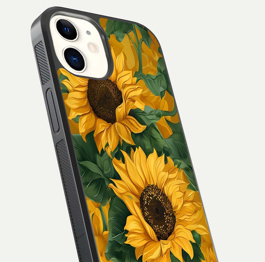Bright Sunflower Bloom Glass Case for iphone-12 close-up image highlighting yellow petal detail and HD reflection