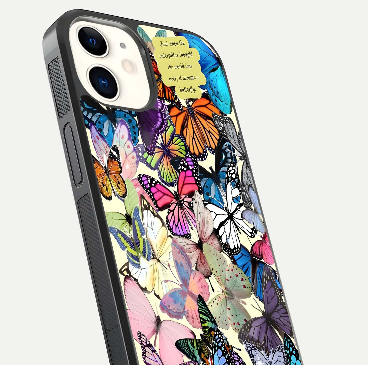 Butterflies Petal Dream Glass Case for iphone-12 close-up highlighting butterfly wings and pink petal gloss