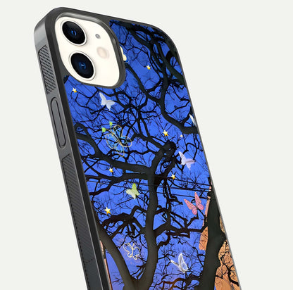 Butterfly Night Magic Glass Case for iphone-12 close-up highlighting wings reflection and gloss shimmer