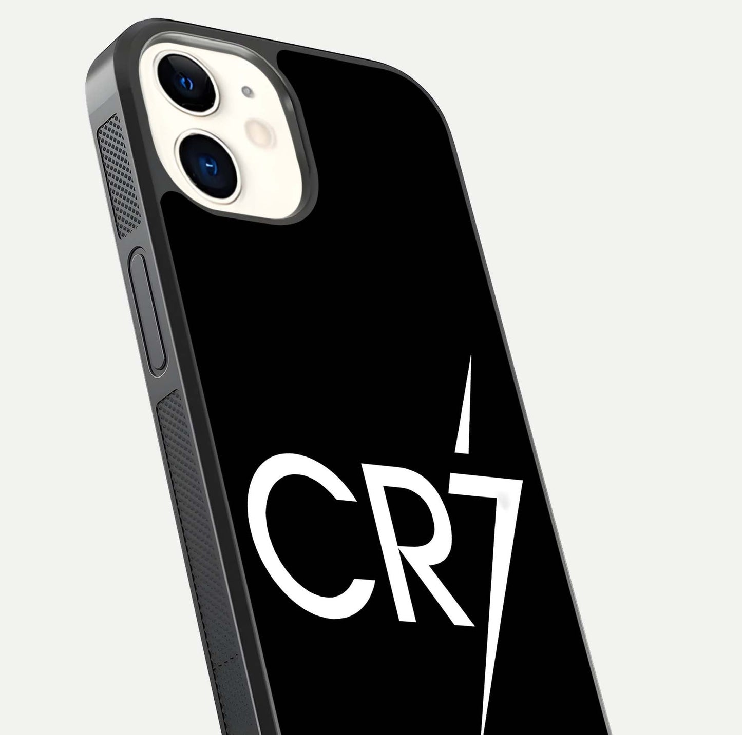 CR7 Elite Strike Glass Case for iphone-12 close-up highlighting CR7 artwork and shine reflection