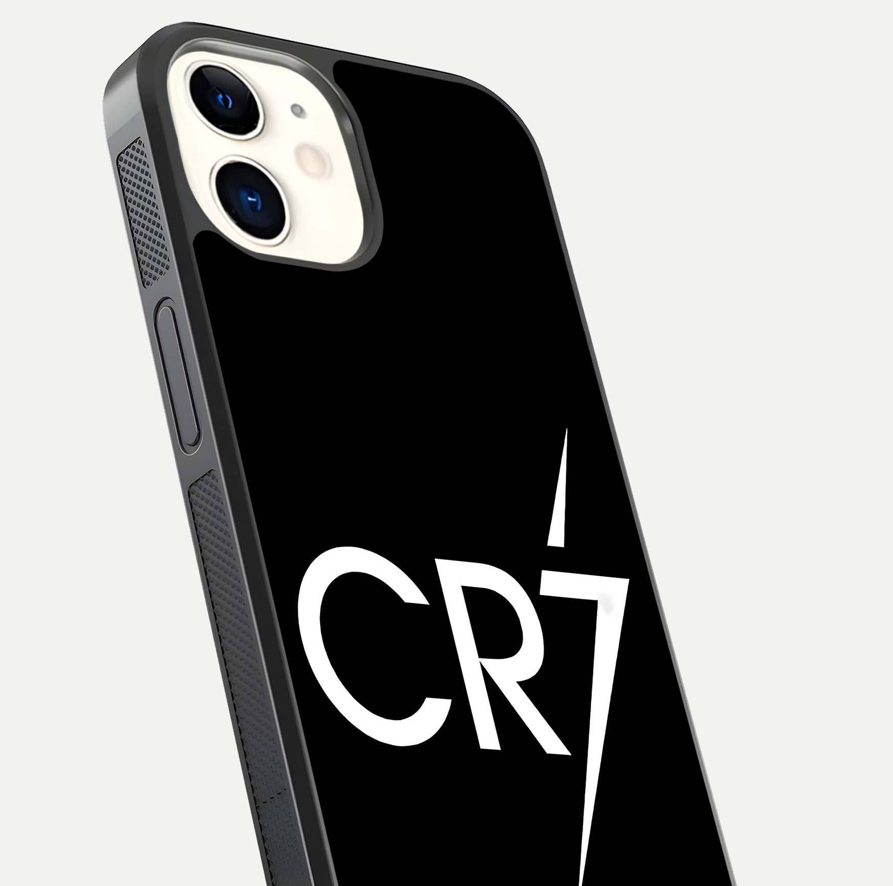 CR7 Elite Strike Glass Case for iphone-12 close-up highlighting CR7 artwork and shine reflection