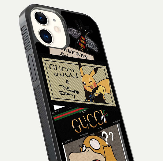 Cartoon Brand Play Mashup Glass Case for iphone-12 close-up angled shot showing character details and vibrant tones