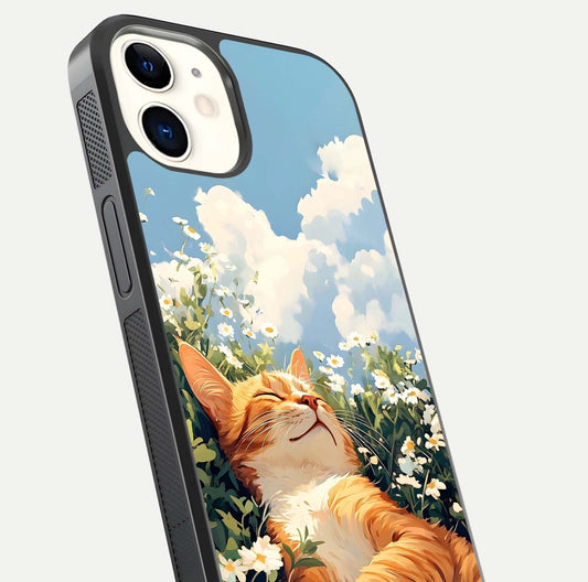 Cat & Flowers View Glass Case for iphone-12 close-up view highlighting cat expression and petal detail