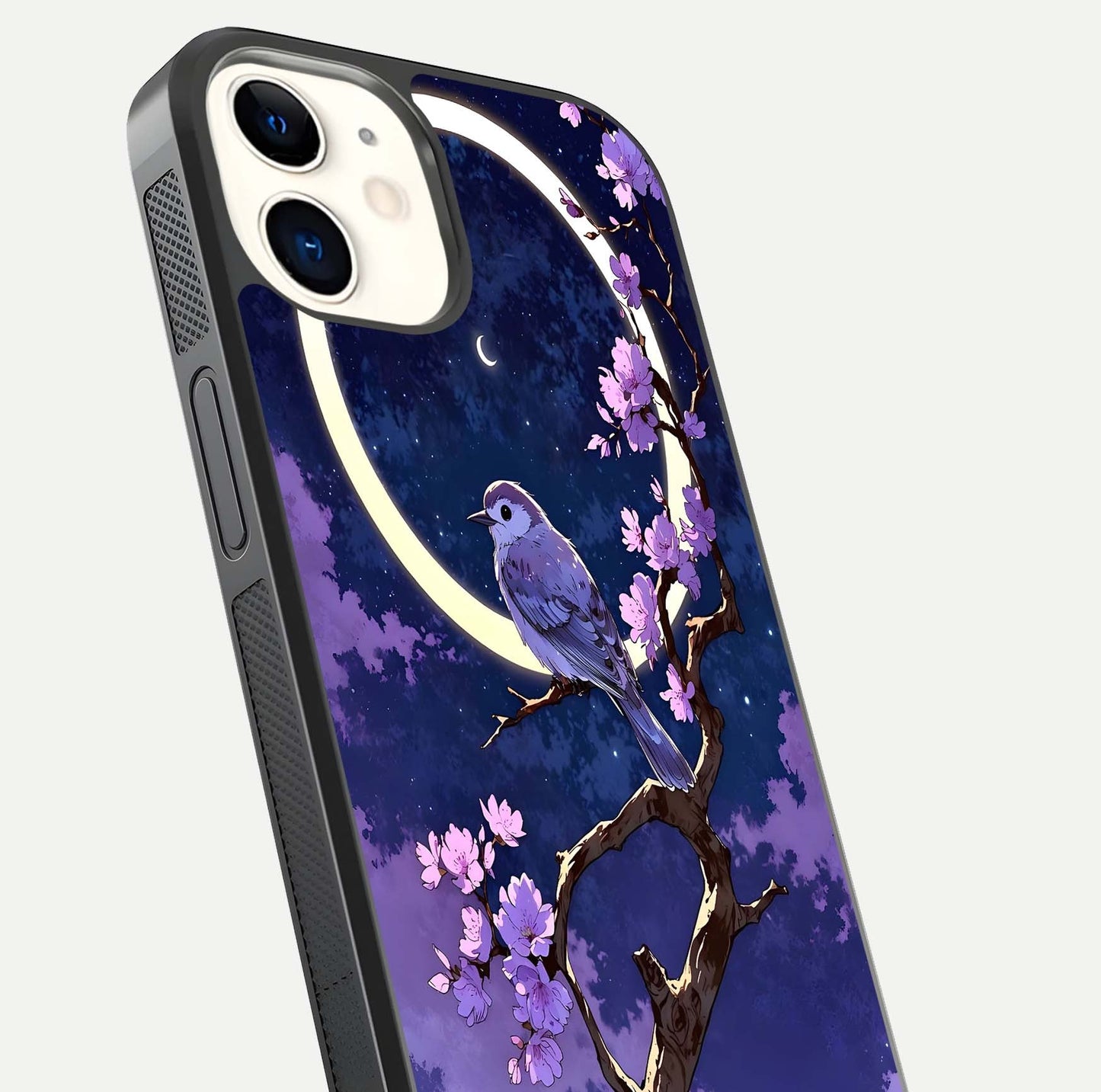 Celestial Bird Blossom Glass Case for iphone-12 close-up capturing bird detail, petal reflection, and gloss shine