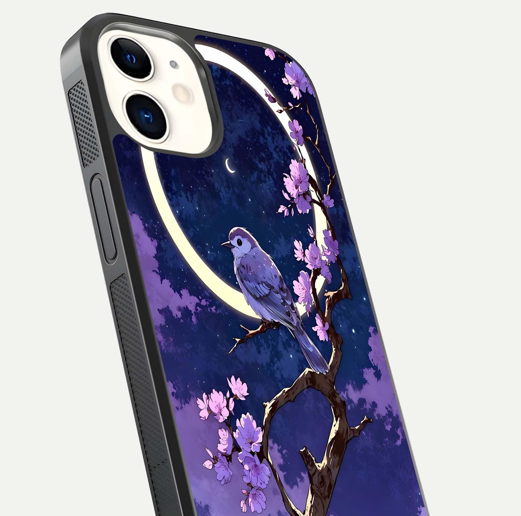 Celestial Bird Blossom Glass Case for iphone-12 close-up capturing bird detail, petal reflection, and gloss shine