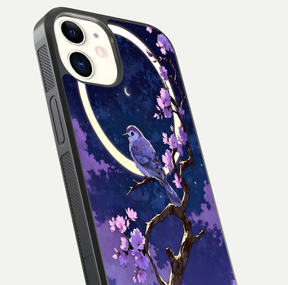 Celestial Bird Blossom Glass Case for iphone-12 close-up capturing bird detail, petal reflection, and gloss shine