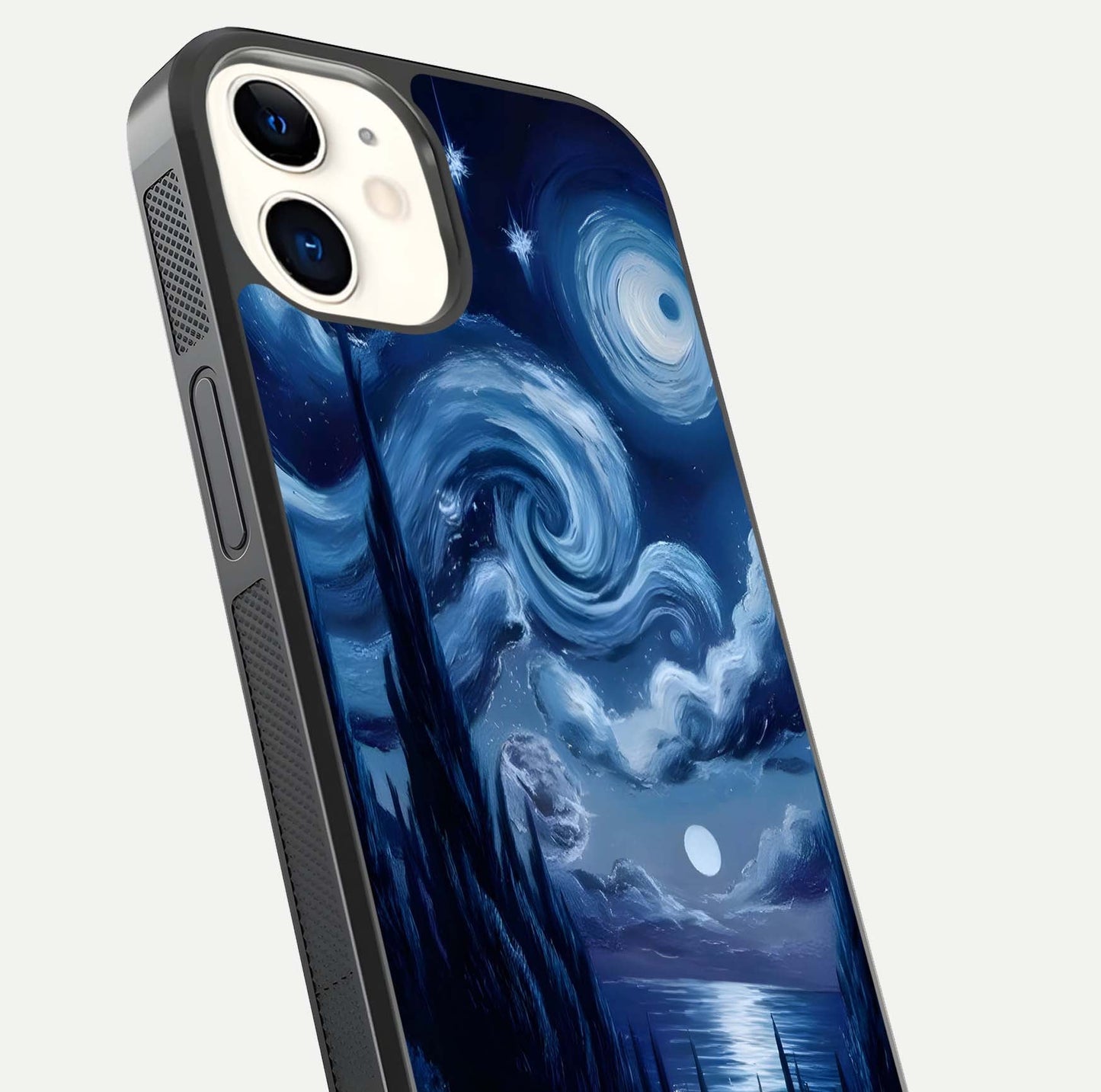 Celestial Dream Van Gogh Glass Case for iphone-12 close-up view capturing vivid brush details and star reflection