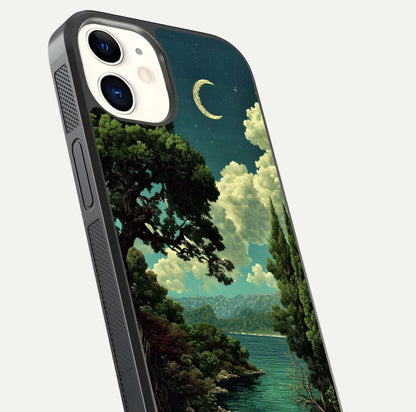 Celestial Lake Peace Glass Case for iphone-12 close-up highlighting moon reflection and glossy texture