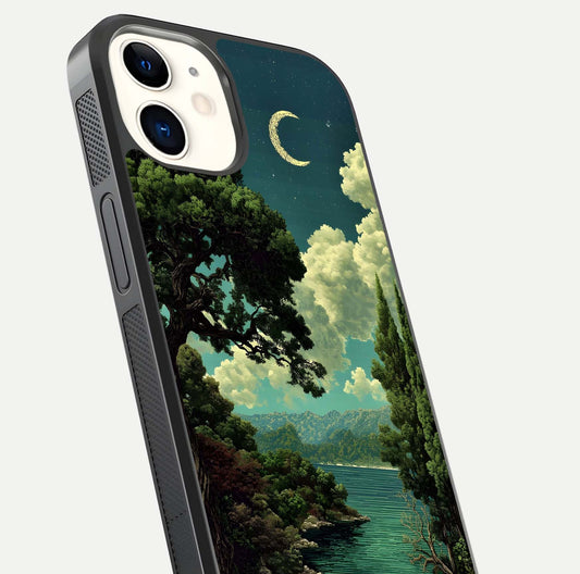 Celestial Lake Peace Glass Case for iphone-12 close-up highlighting moon reflection and glossy texture