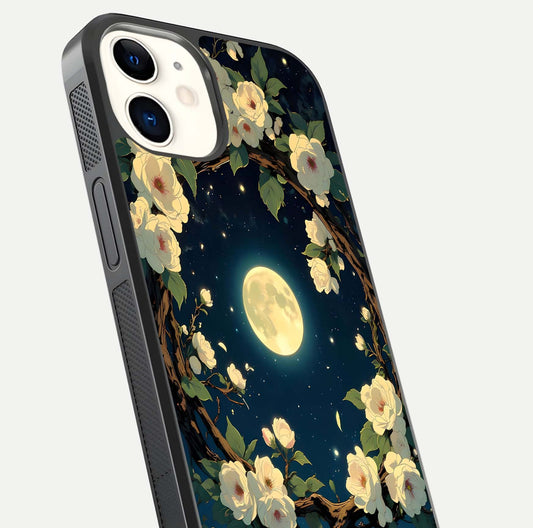 Celestial Moon & Flower Glass Case for iphone-12 close-up capturing petal reflection and moonlight contrast