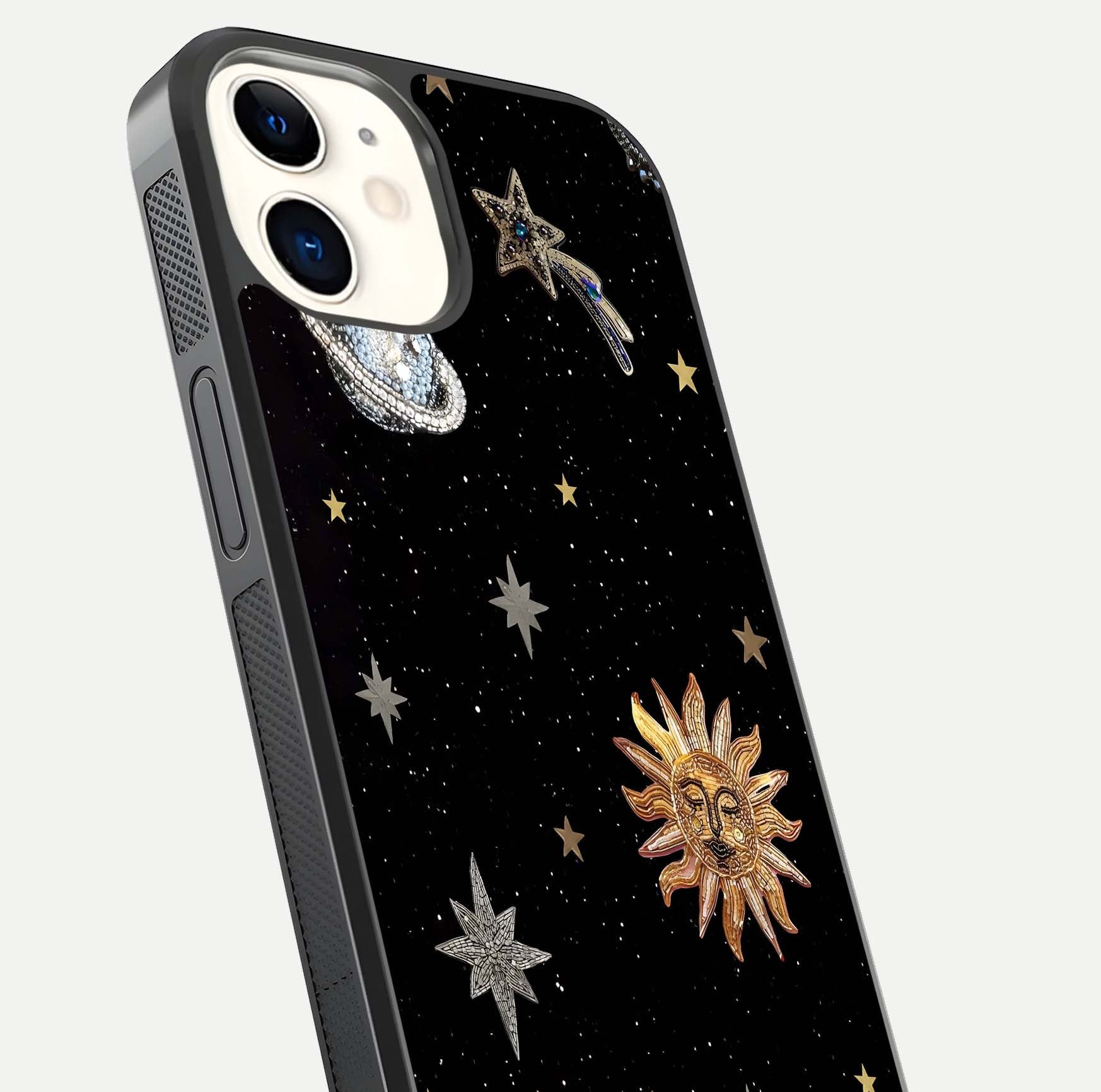Celestial Moon With Stars Glass Case for iphone-12 close-up showing cosmic reflection and HD shine