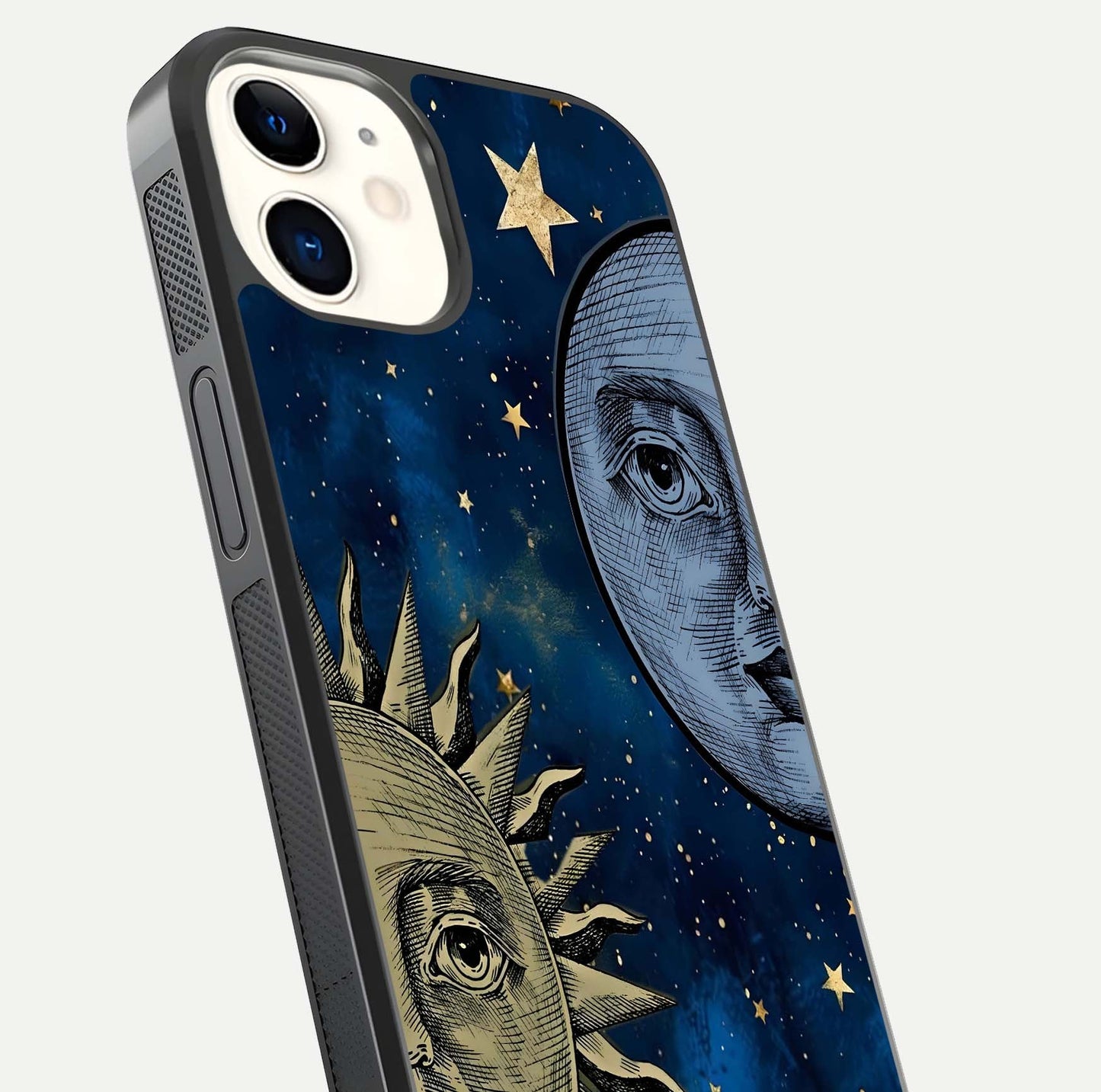 Celestial Moon With Sun Glass Case for iphone-12 close-up highlighting fine celestial detail and polish reflection