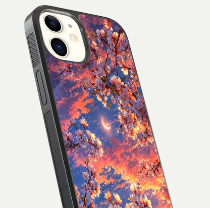 Celestial Sakura Sunset Glass Case for iphone-12 close-up image highlighting blossom petals and gloss shine
