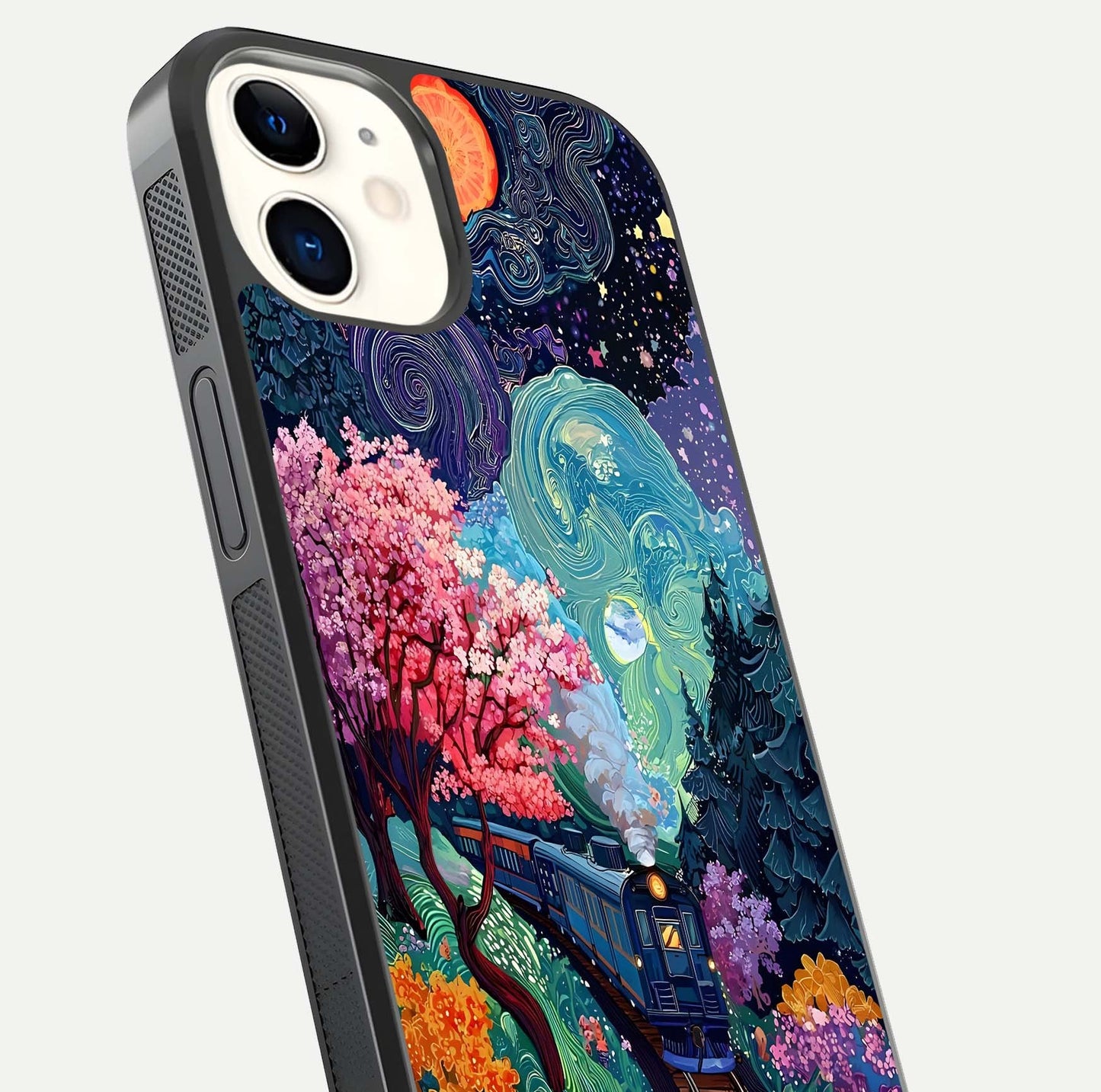 Celestial Train Journey Glass Case for iphone-12 close-up highlighting train lights, cosmic tones, and reflection detail