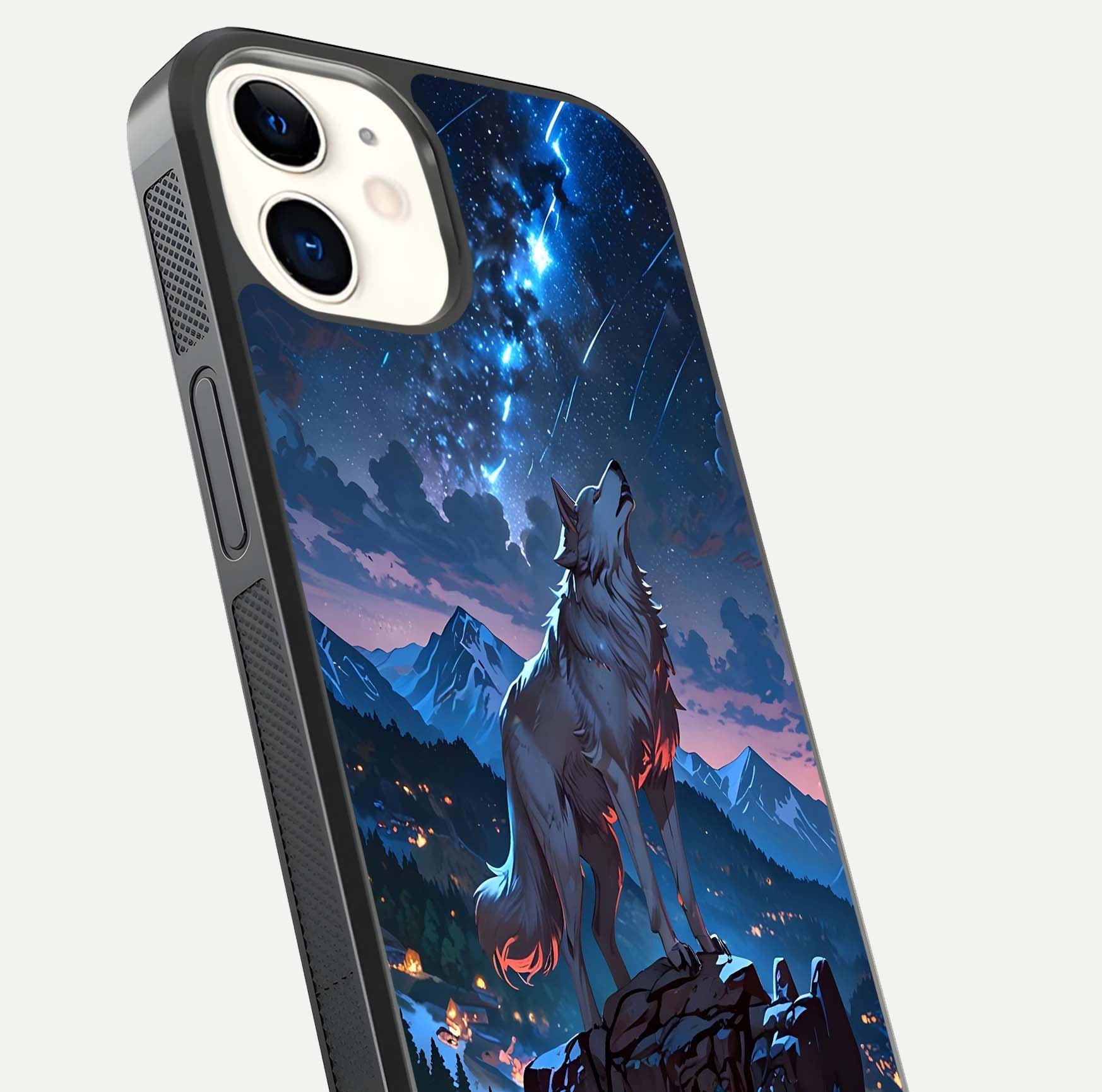 Celestial Wolf Howl Glass Case for iphone-12 close-up showing wolf silhouette and glowing moon reflection