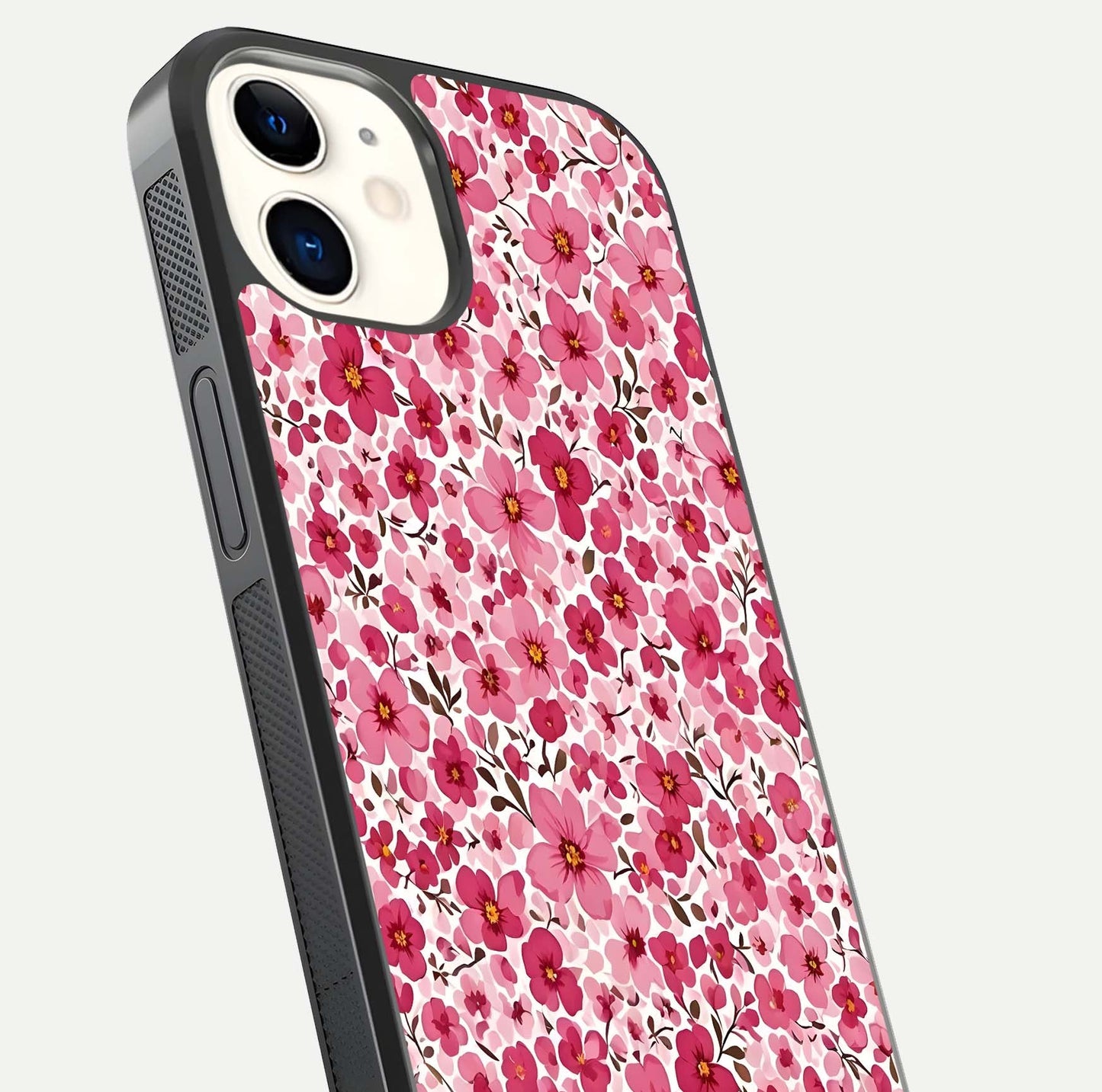 Cherry Blossom Charm Glass Case for iphone-12 close-up highlighting petal gradient and reflection shine