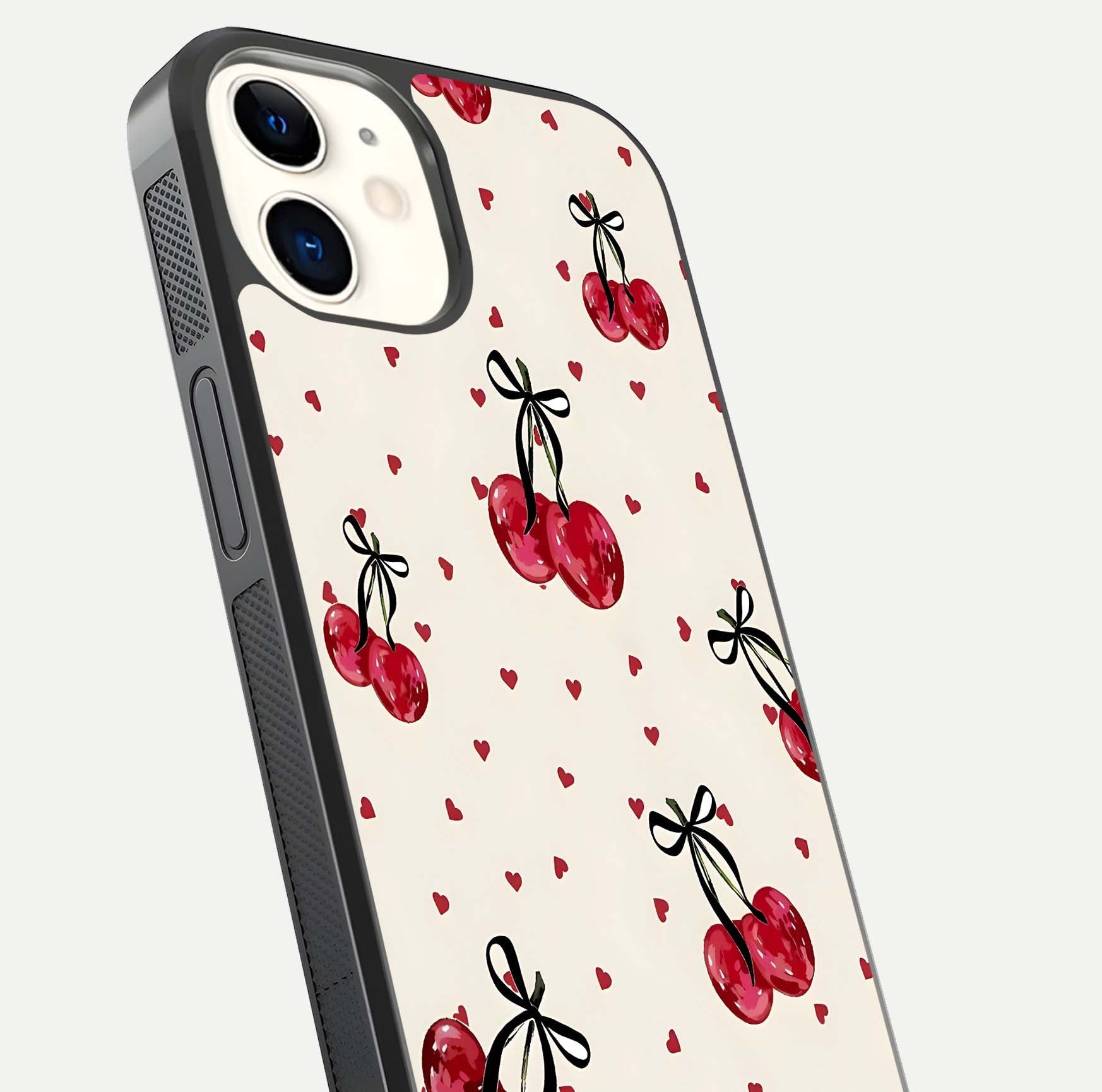 Cherry Heart Bow Glass Case for iphone-12 close-up highlighting small bows, cherry red tones, and gloss shine