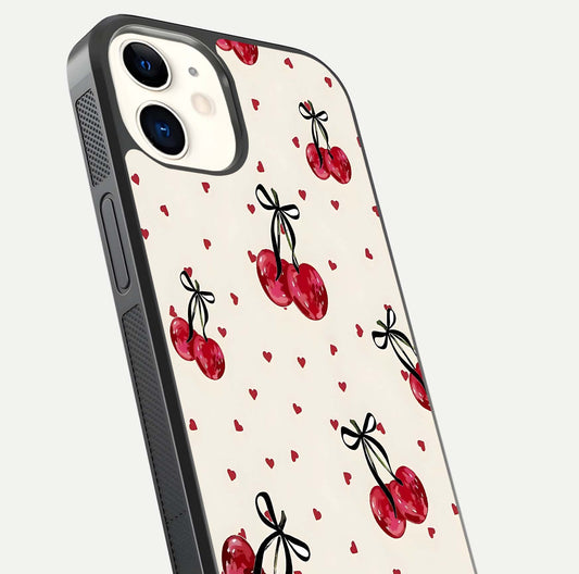 Cherry Heart Bow Glass Case for iphone-12 close-up highlighting small bows, cherry red tones, and gloss shine