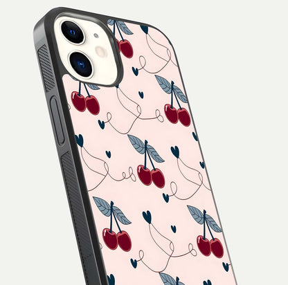 Cherry Heart Line Glass Case for iPhone 12 Mini close-up showing heart outline and HD reflection gloss