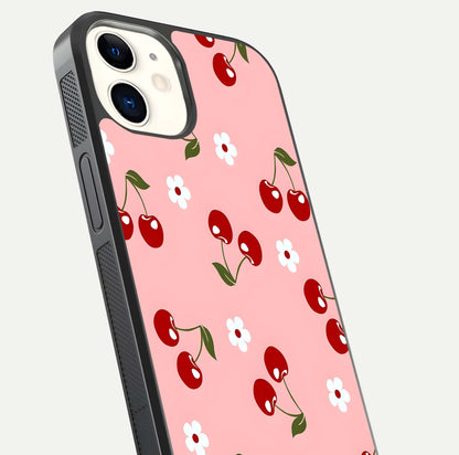 Cherry Love Mood Glass Case for iphone-12 close-up highlighting cherry heart pattern and reflection shine