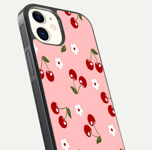 Cherry Love Mood Glass Case for iphone-12 close-up highlighting cherry heart pattern and reflection shine