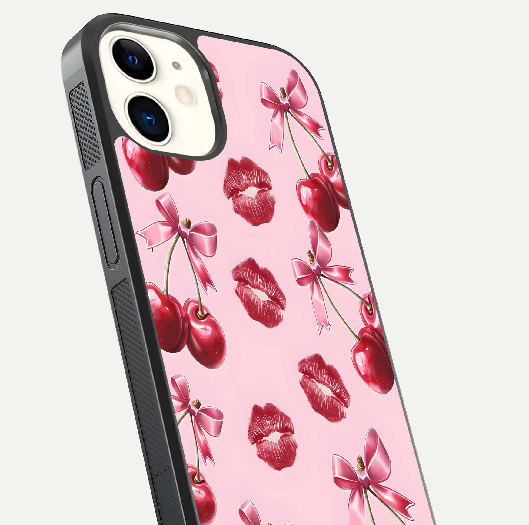 Cherry With Lips Glass Case for iphone-12 close-up view highlighting lips texture and reflection shine