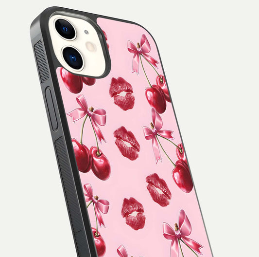 Cherry With Lips Glass Case for iphone-12 close-up view highlighting lips texture and reflection shine
