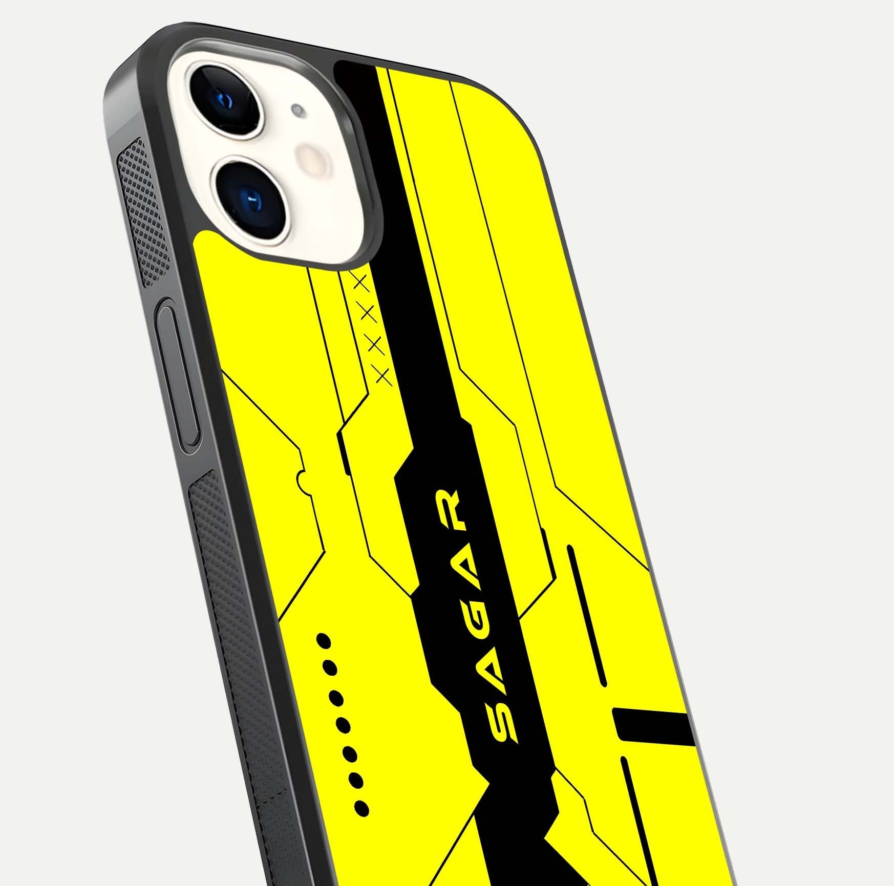 Circuit CYBERPUNK Custom Name Glass Case for iphone-12 close-up highlighting neon lines, futuristic tones, and gloss reflection